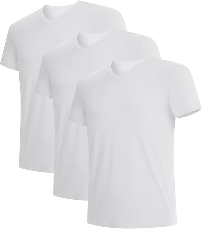 Three plain white short-sleeve V-neck T-shirts layered in a staggered