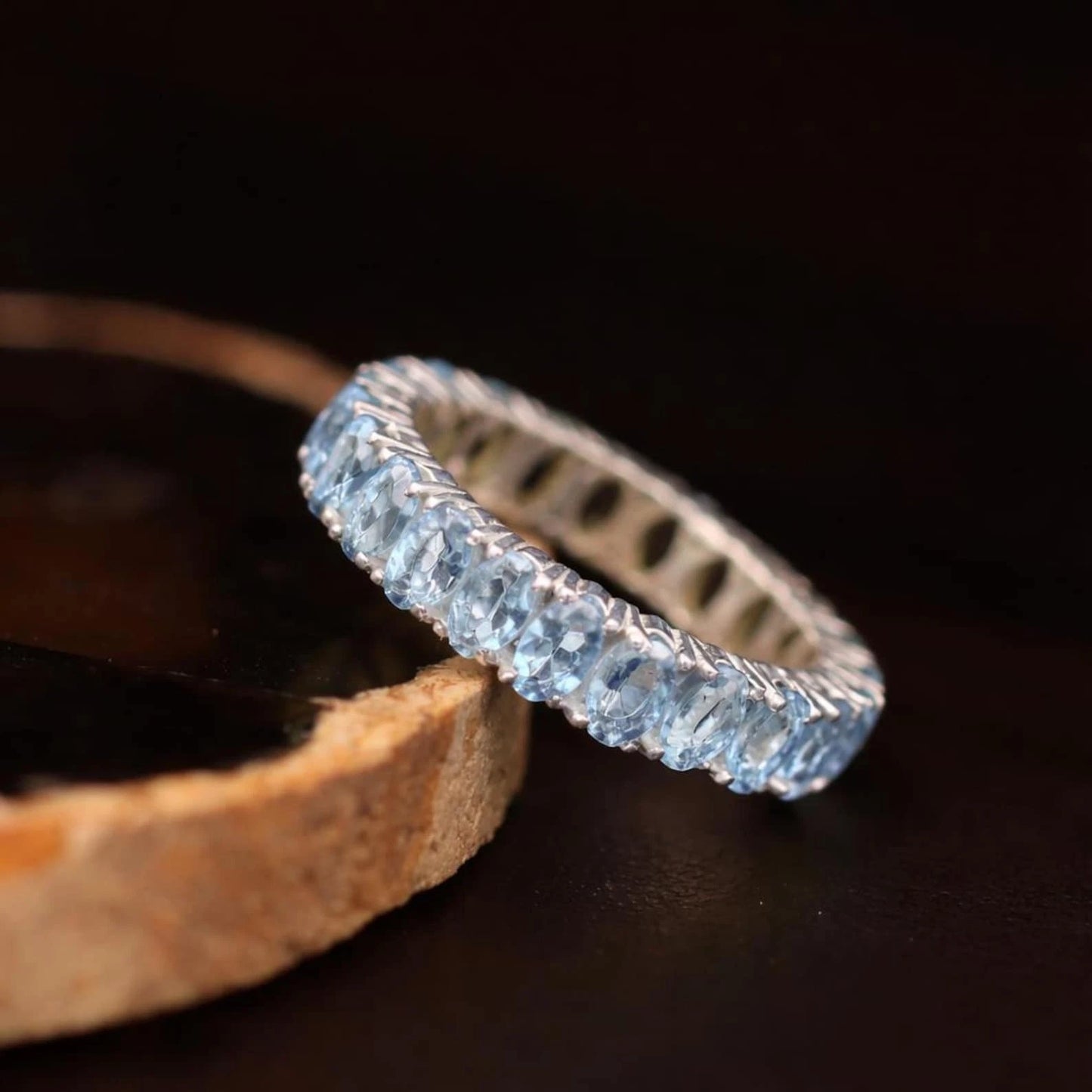 Blue Topaz Eternity Band Ring, 925 Sterling Silver Wedding Ring, Gift For Her