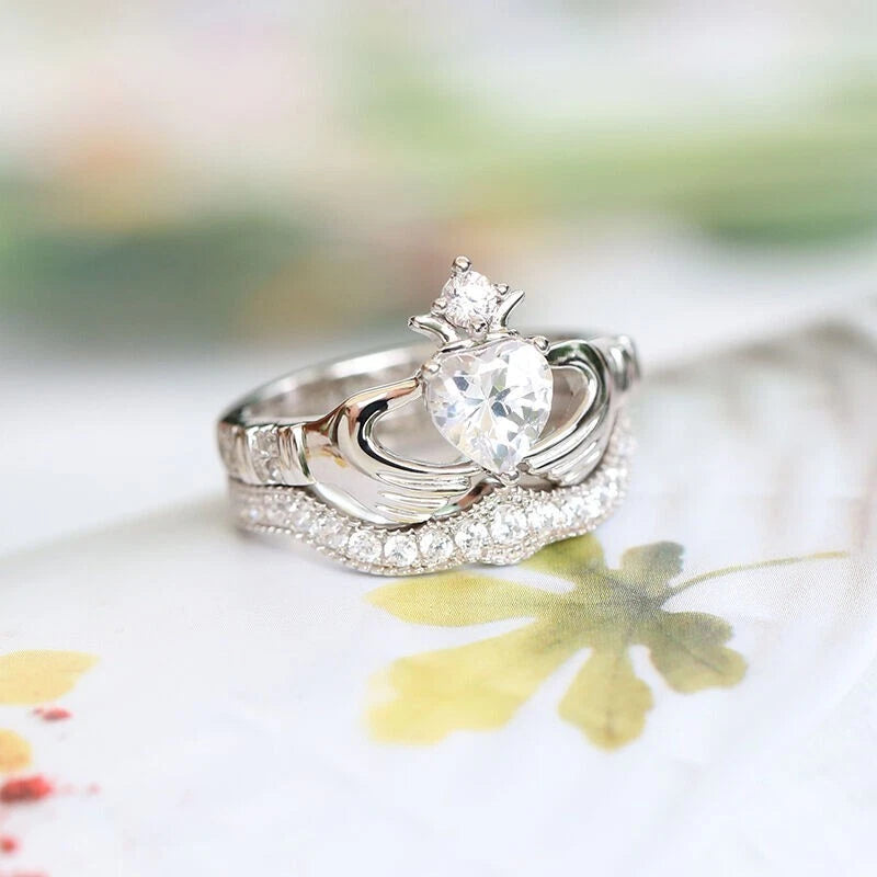 1.50Ct Heart Cut Moissanite Crown Claddagh Engagement Ring 14K White Gold Plated