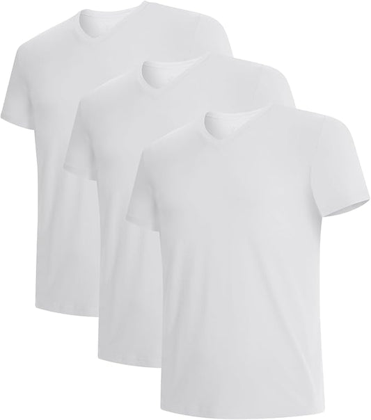 Three plain white short-sleeve V-neck T-shirts layered in a staggered