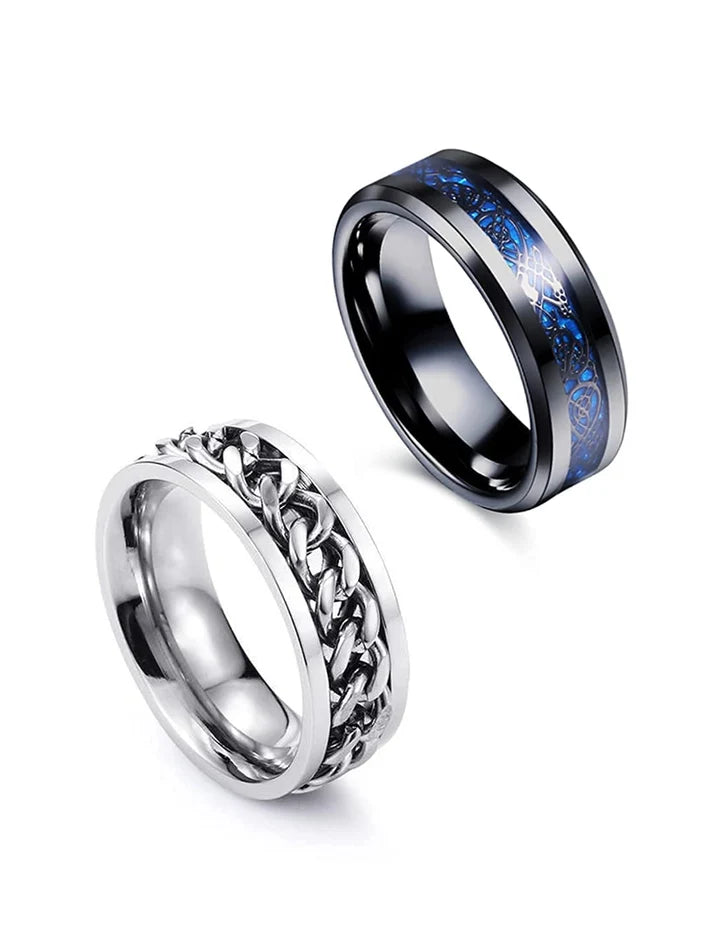 Blue & Black Dragon Celtic Rings for Men – 2 Pack